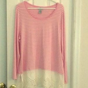 Long Sleeved Lace Trimmed Pink Striped Knit Top